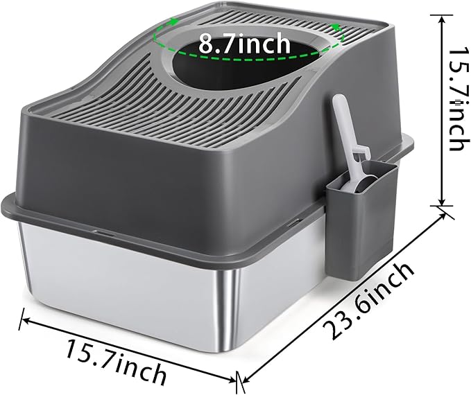 SOUJOY Stainless Steel Cat Litter Box with Lid, Extra Large Top Entry Litter Boxes for Big Cats, Enclosed Removable Metal Litter Box with Scoop and High Wall, Anti-Leakage, Easy Cleaning