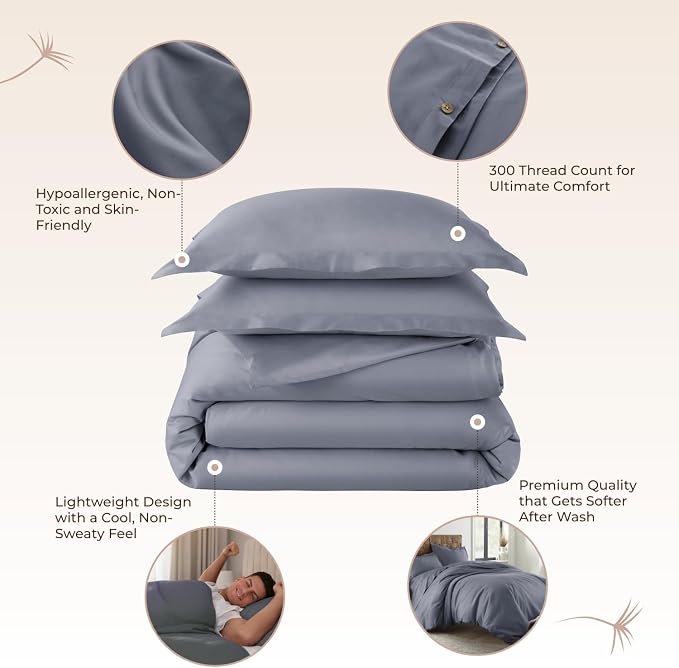 100% Organic Cotton Duvet Cover King Size - Naturally Soft Lightweight & Cooling Duvet Cover Set with Decorative Shams - Premium GOTS Certified 300 Thread Count Sateen Weave (Mineral, King)