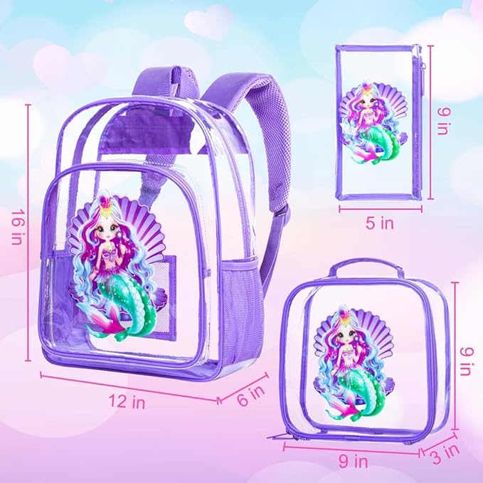 Clear Backpack for Girls and Boys, Kids Transparent Bookbag, 3PCS Cute See Through School Bag for Elementary Prechool
