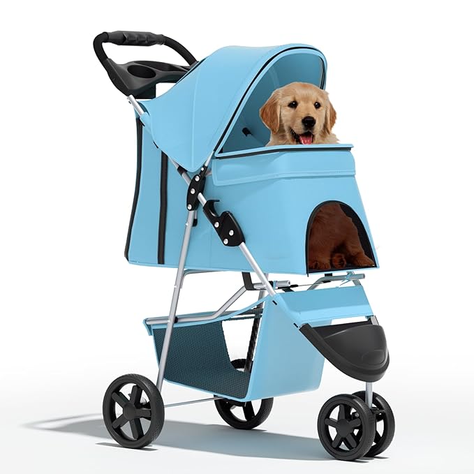 Pet Stroller for Small Dogs 10 lbs, Dog Stroller for Medium Dogs 30 lbs, Cat Strollers for 2 Cats, 3 Wheels Foldable Jogger Puppy Stroller with Storage Basket and Cup Holder, Mint