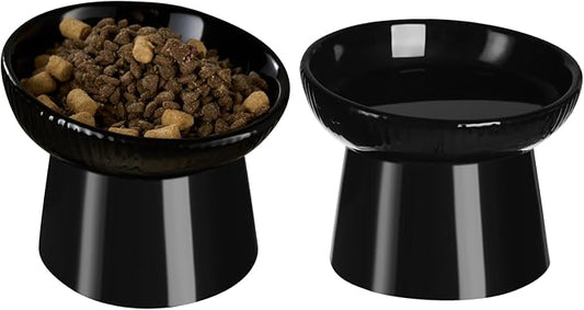 Ceramic Elevated Cat Bowls-Water Bowl, 15° Tilted Design, Anti-Vomiting & Spine Protection, Prevent Whisker Fatigue for Kittens to Adult Cats and Small Dogs (Black-15° Cat Bowls-2)