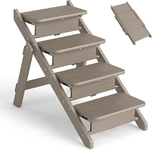 Dog Stairs and Steps, HDPE Plastic Wood Grain, 2-in-1 Foldable Pet Ramp for Small and Medium Dogs and Cats, for Bed Couch and Car, No Assembly Required, Supports Up to 150lbs