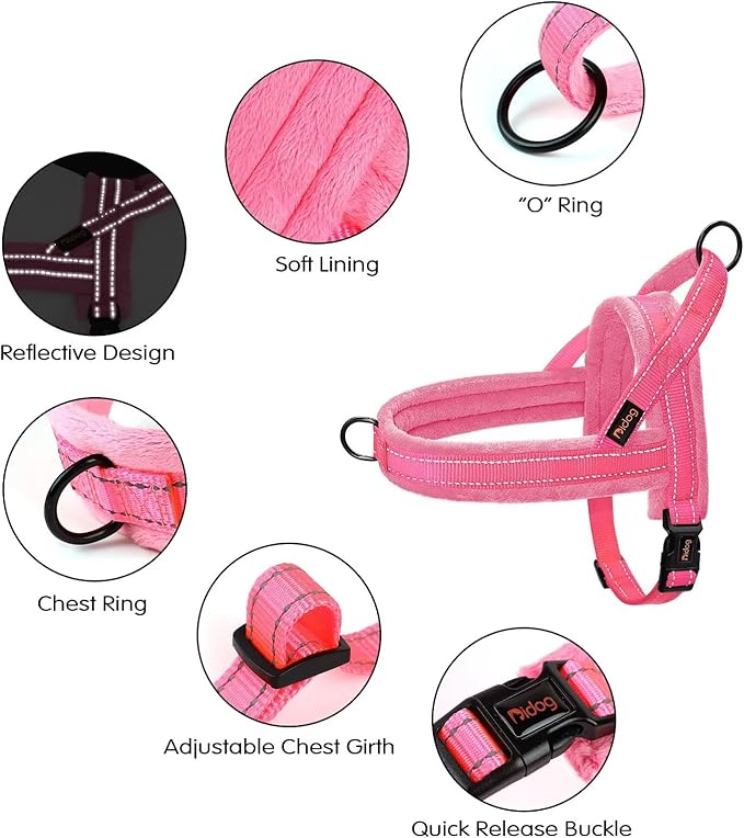 Didog Soft Flannel Padded Dog Vest Harness, No Pull/Quick Fit Reflective Dog Strap Harness, Easy for Training Walking (M:Chest 22-26", Pink)