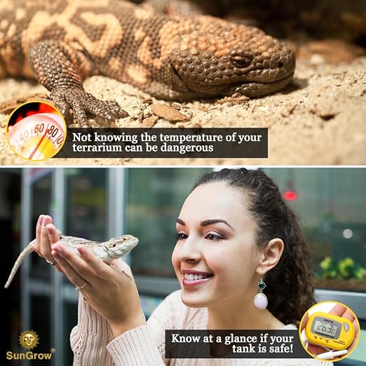 SunGrow Reptile Digital Thermometer, 1.5” x 2.3” x 0.5”, Easy to Read Display, Yellow, Battery Not Included, 1-Pack