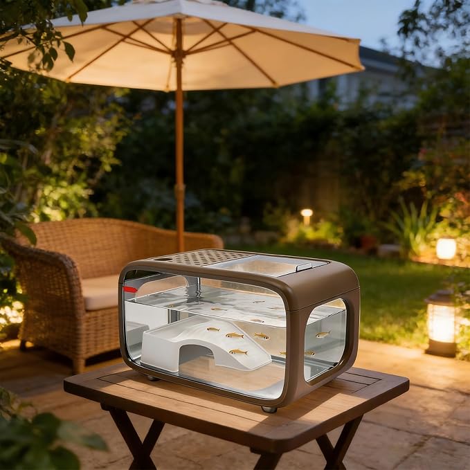 Desktop Fish Tank, 3.17 Gal Fish Tank with Top Feeding Hole, Brown Aquarium with Climbing Frame for Small Fish, Clear View Betta Tank for Home Office, Easy Maintenance (Brown)