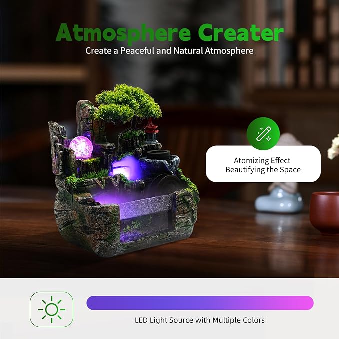 Tabletop Water fountainRockery Tabletop Fountain Indoor Waterfall | with an Atomizer Elaxation Water Feature Meditation with LED Light for Desktop Home Office Decor