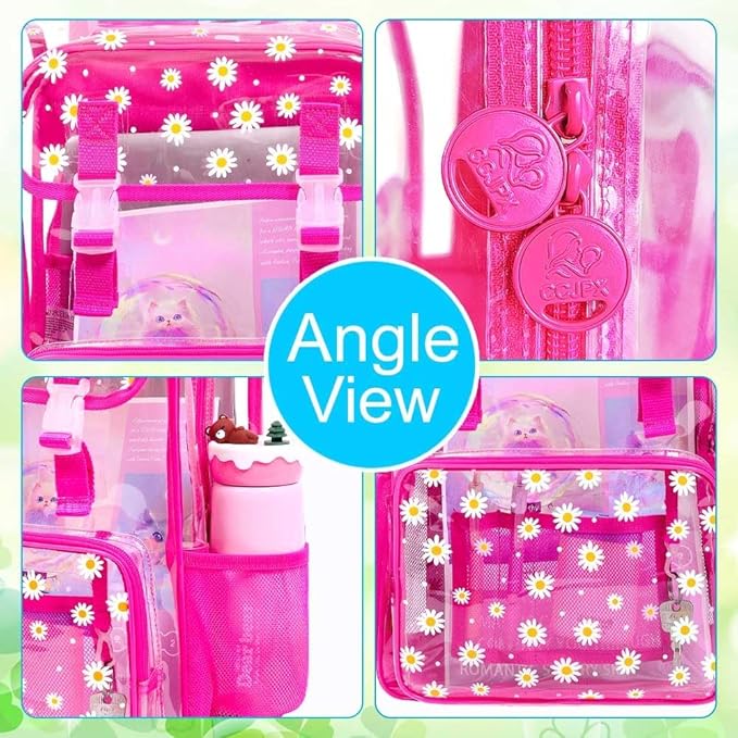 17" Daisy Clear Backpack for Girls - Flip Design Stadium Approved 3Pcs Set, Heavy Duty PVC Bookbag for Concert/School (Rose)