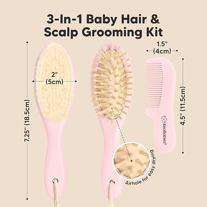 Baby Hair Brush Set for Newborns - Soft Goat Bristle Wooden Baby Brush and Comb Set Newborn Grooming Kit for Cradle Cap, Durable & Gentle, Boy, Girl Infant Essentials Care Kit (Regular, Blush)