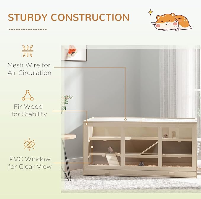 PawHut 45" Extra Large Wooden Hamster Cage, 3-Layer Rat Cage with Opening Roof, PVC Window, Small Animal Habitat for Gerbil, Dwarf & Syrian Hamsters, Natural