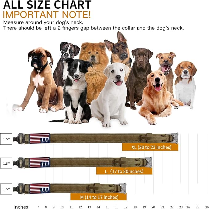 Celifelight Military Dog Collar, Adjustable Nylon, Heavy Duty Metal Buckle with Handle, Includes Airtags Case Cover and Patches, Brown, XL, Suitable for Large Dogs
