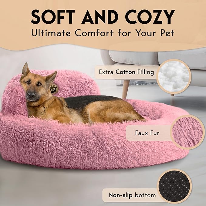 PetJett XL Dog Beds for Large Sized Dog - 45'' Extra Large Dog Bed, Anti-Slip & Washable Super Soft Round Donut Bed, Fluffy Faux Fur Anti-Anxiety Premium Comfort Pet Bed, Fits Dogs up to 120 lbs