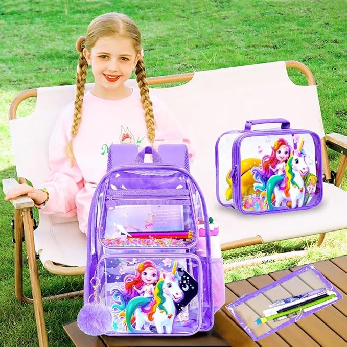 3Pcs Clear Backpack for girls, 16" Mermaid Unicorn Transparent Bookbag, Large See Through PVC School Backpacks with Lunch Box(Purple)
