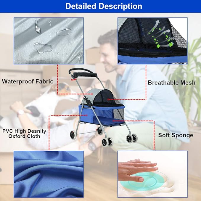 Pet Stroller 4 Wheels Posh Folding Waterproof Portable Travel Cat Dog Stroller with Cup Holder,Blue