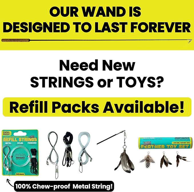 Forever Stick and 3 Strings including Chew Proof Metal Wire - The Unbreakable Cat Wand Toy, Durable Cat Toy Wand, Extra Long Cat String Toy, Cat Fishing Pole Toy for Bored Indoor Adult Cats, Stick Toy