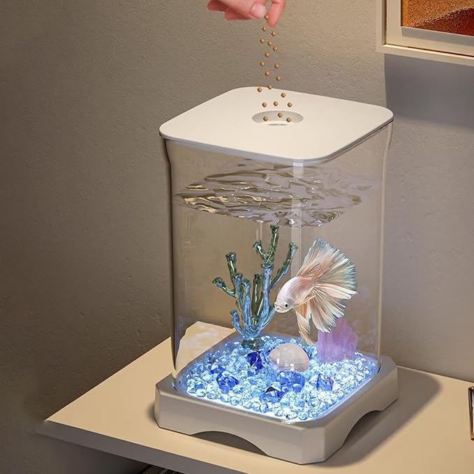 Small Fish Tank - LED Aquarium, Acrylic Mini Bowl with Feeding Hole, Compact Betta Container, Clear Stylish Design | Home Office Decoration, Desktop Display, Bedroom Aquarium, Small Aquatic Habitat