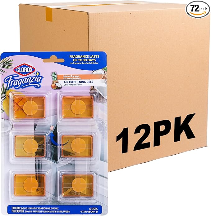 Clorox Fraganzia Stick-On Gel Fresheners, Island Escape Trash Can Deodorizer Up to 30 Days Scent, Odor Absorber for Kitchen, Bathroom, Closet, No Plug or Batteries, 0.12 Fl Oz, 6 Count - 12 Pack
