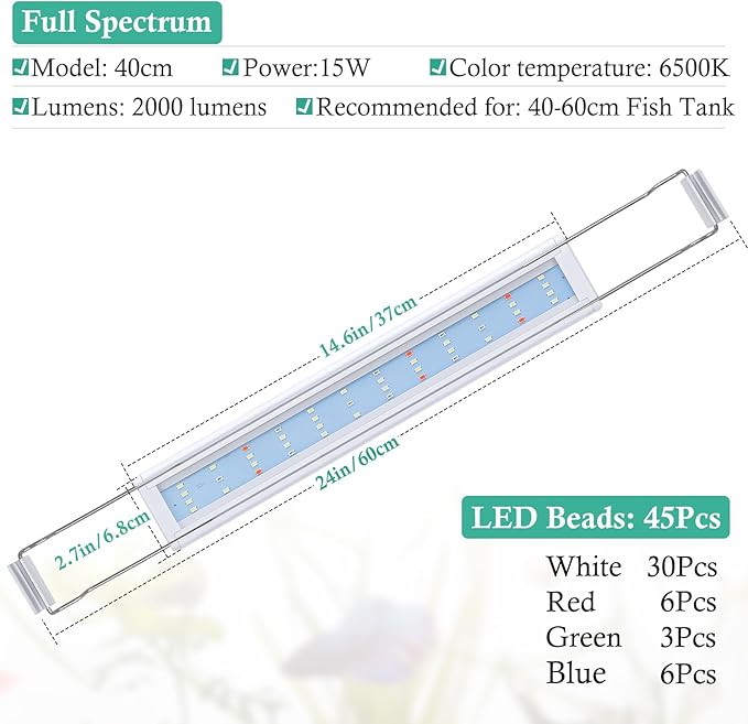 HITOP Full Spectrum LED Aquarium Light – 16-24” Classic Fish Tank Light with Timer, Aquarium Plant Light with Stable Extendable Brackets (16-24in)