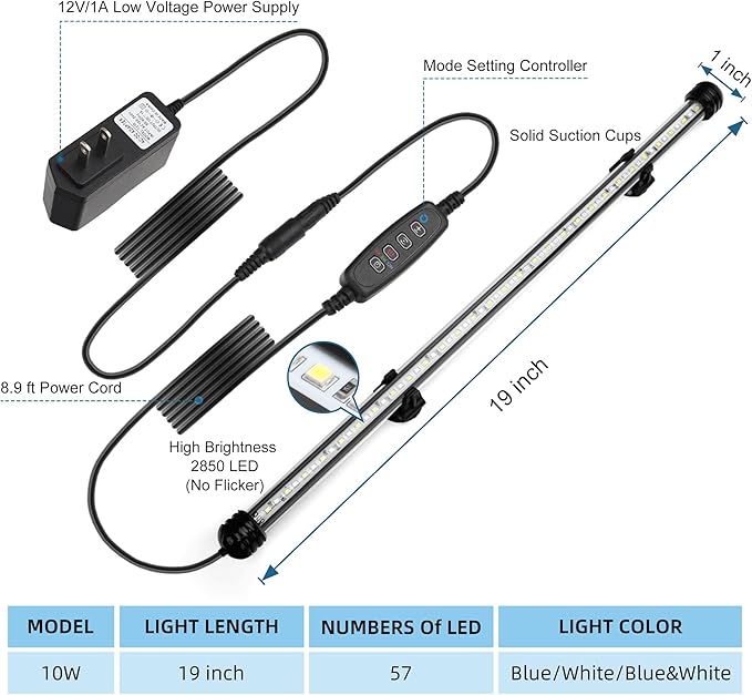 LED Submersible Aquarium Light 10W Underwater Fish Tank Light with Blue White&Blue and White Three Light Modes Timer Automatic On/Off and Dimmer Brightness Adjustable (19inch)