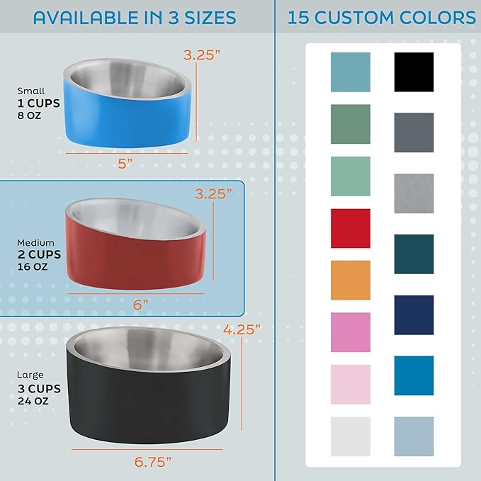 Master Pet Supply Stainless Steel Slanted Dog Cat Food Bowl - 16 oz Heavy Duty - Crimson Flame, Double Wall Insulated, Non-Slip Elevated Bowl for French Bulldogs Pugs Cats, Anti Rust Dishwasher Safe