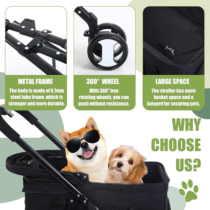 Dog Stroller Cat Stroller Pet stoller 3-in-1 Folding Dog Stroller for Small Medium Dogs Cats with Detachable Carrier Storage Basket Waterproof Lightweight for Travel,Black