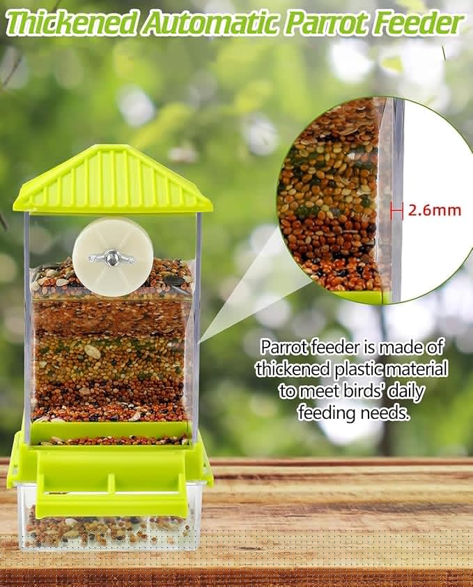 BNOSDM No Mess Automatic Bird Feeder Anti-Splash Bird Feeder Acrylic Transparent Food Container Parrot Cage Accessories for Parakeets Budgies Lovebirds Cockatoos Conures Finches (Green)
