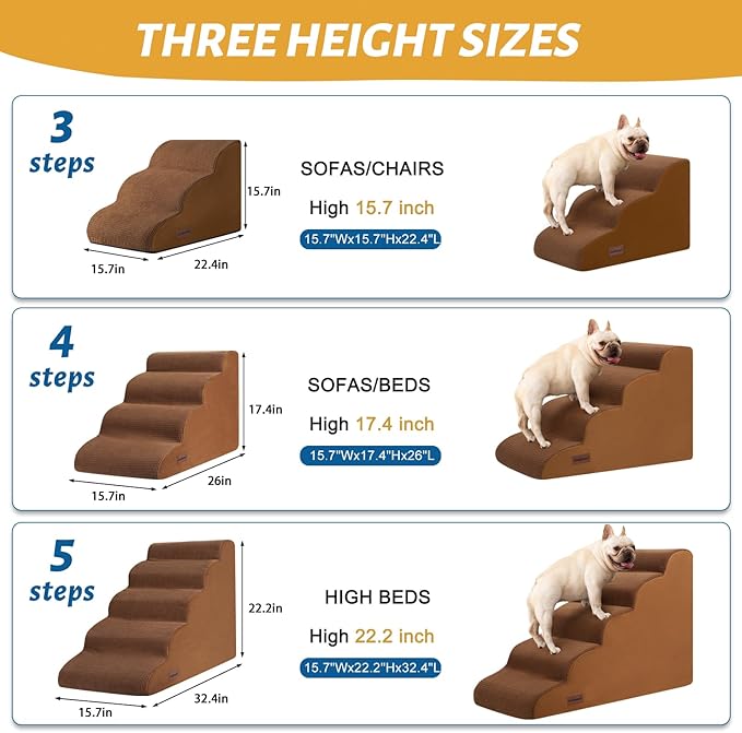 Aodisman 3-Step Dog Ramp and Stairs for Sofa and Chair - Non-Slip Sturdy Pet Steps for Small Dogs and Cats,15.7" H,Brown