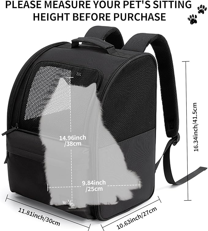 wakytu Cat Carrier Backpack,Steel Wire Frame More Stable,600D Wear-Resistant Oxford Fabric, Dog Carrier Cat Backpacks Suitable for Travel,Black