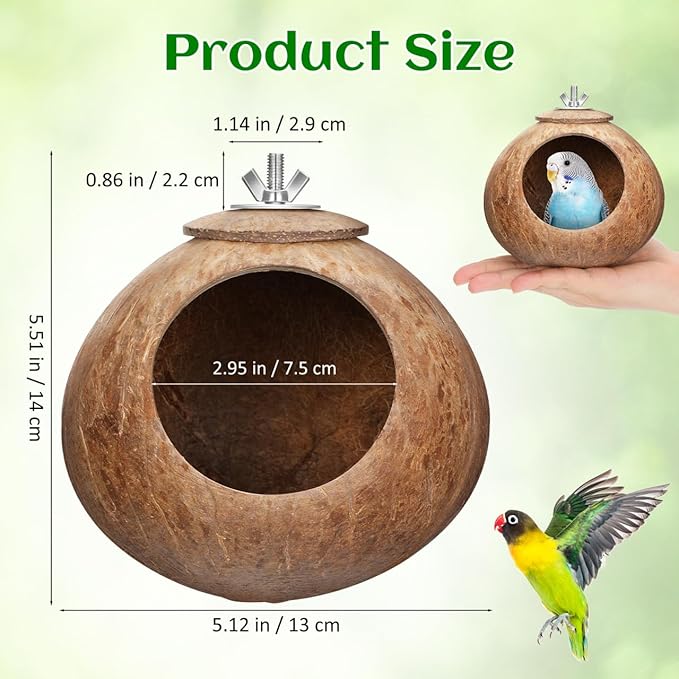 Balacoo Coconut Bird Nest for Cage: Natural Coconut Shell Parakeet Nesting Box, Parakeet Breeding Hut - Bird Cage Accessories for Budgies Cockatiel Conure Lovebirds