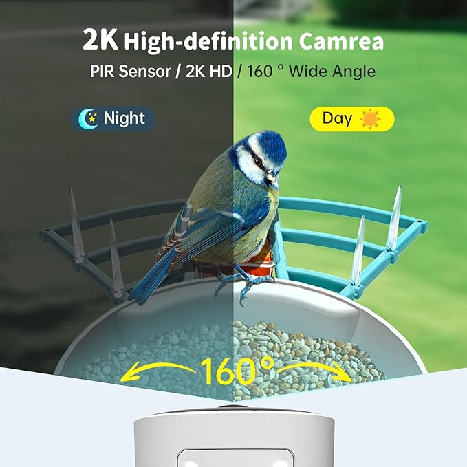 Smart Bird Feeder with Camera Solar Powered & AI Bi rd Identification, 2.4Ghz WiFi Bird feeders for Outdoors, 2K Live Video, Instant Arrival Alerts - Blue