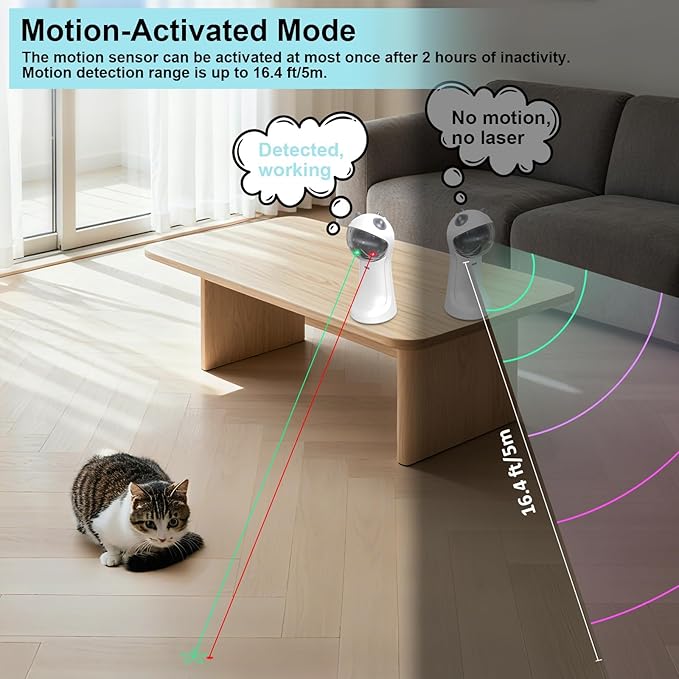 Waputne Automatic Cat Toy, Motion-Activated Interactive Cat Toy - 5 Fun Patterns, 4 Speed Modes, Adjustable Light Angles, Random Rotating Trajectory, Rechargeable(Red Dot + Green Star)