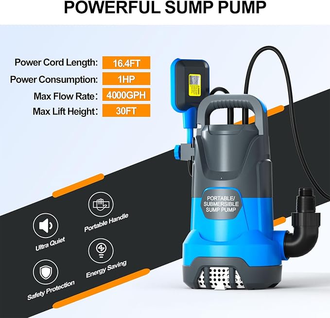 Submersible Water Automatic Sump Pump 1HP Clean/Dirty Water Removal Pump 4000PGH With Float Switch Electric Portable Transfer Water Pump for Swimming Pool Garden Pond Basement Draining