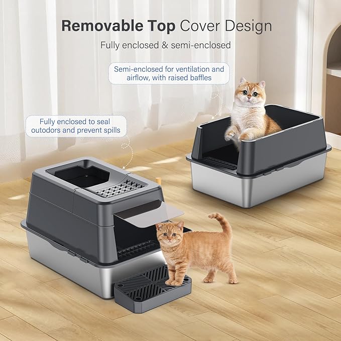 Aphyxen Stainless Steel Litter Box with Lid, XL Extra Large Enclosed Cat Litter Box Fits All Cats Modular Design with Flip Cover, Top Entry Metal High Sided Cat Box & Pedal & Scoop (Dark Grey)
