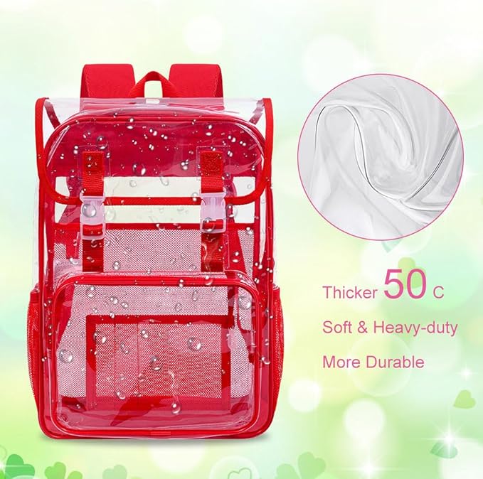 17" Flip Top Clear Backpack for Girls, 3Pcs Stadium Approved Set, Heavy Duty Transparent Bookbag for Gym/School (Red)