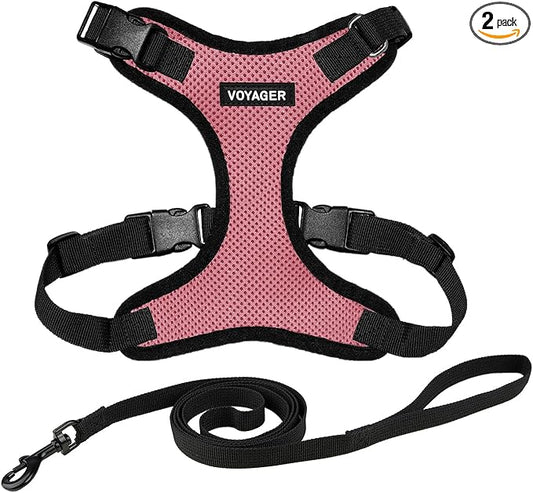 Voyager Escape-Proof Step-in Lock Cat Harness & 5ft Neoprene-Handle Leash Set All-Weather Mesh with Reflective Stitching for Small to Large Cats by Best Pet Supplies, Pink/Black Trim, S