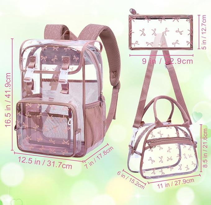 17" Bow Clear Backpack for Girls - 3Pcs Flip Design Stadium Approved Set, Campus/School Transparent Bookbag (Pink)