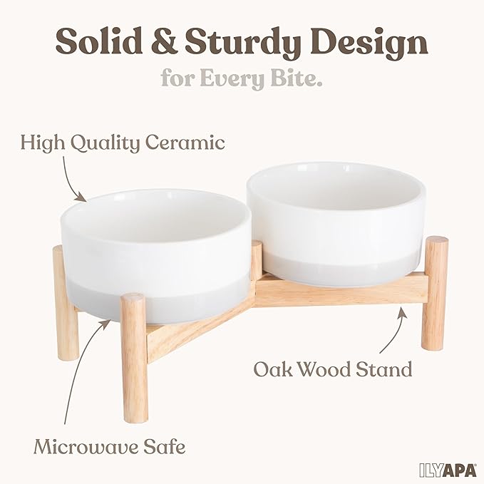 Ilyapa Ceramic Dog Bowls - Elevated for Medium Sized Pet with Raised Food and Water Set - Gray Double 6 inch, 28 Oz Bowls & 13x6.3x5.5 Wooden Stand