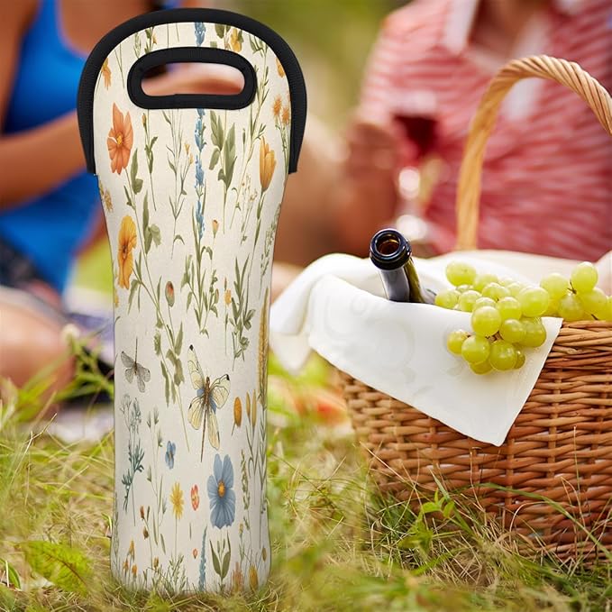 Dragonfly Wildflower Wine Bag Single Bottle Wine Tote Bag Neoprene Wine Carrier Bags with Carry Handle Portable Wine Bottle Holder for Travel Party Picnic