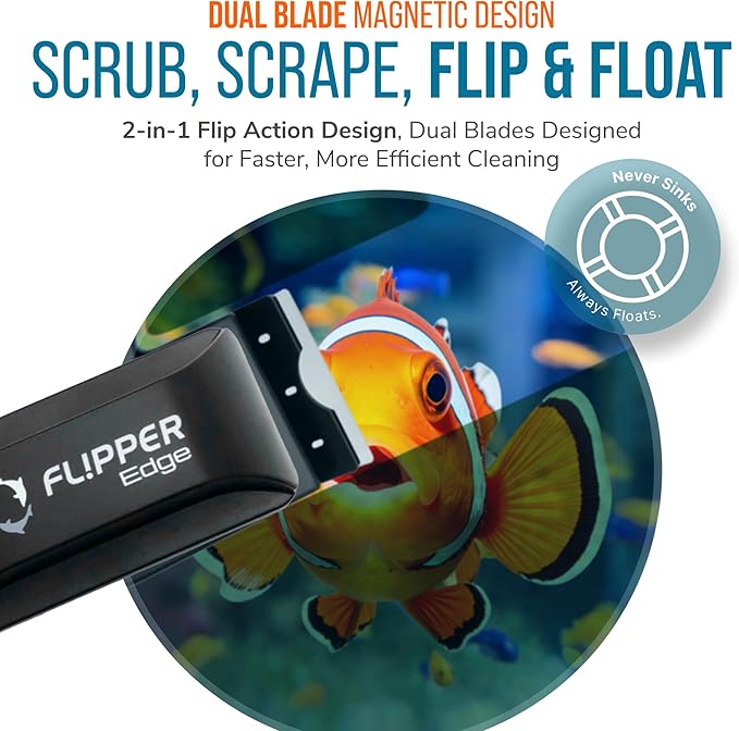 Flipper Edge 2-in-1 Scrubber Scraper Floating Magnetic Fish Tank Aquarium Cleaner with Dual Blades - Efficient Glass & Acrylic Aquarium Cleaning Tools (Standard)