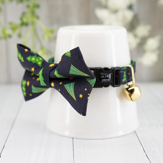 Ultra Joys Cat Collar - Breakaway with Bells, Bowtie & Christmas Tree Pattern - Small Kitten & Cat Collar