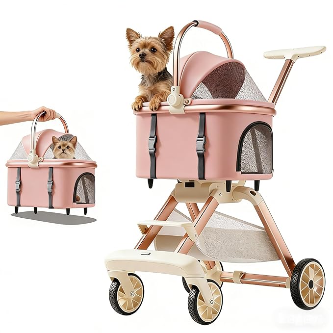 All-Terrain Pet Stroller for Small Medium Dogs & Cats, 20 lbs Capacity - Portable Carrier with One-Touch Brake, Lightweight Foldable Design & Shock Absorption Wheels,Pink