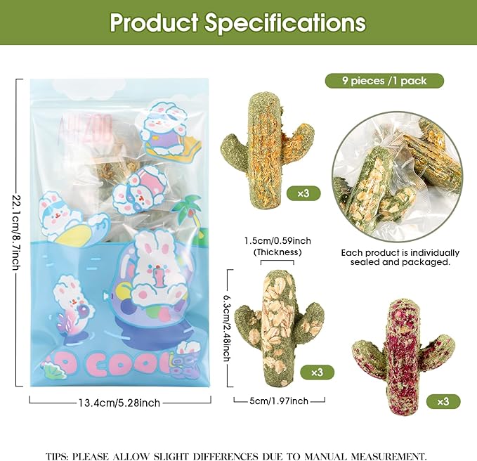Abizoo Rabbit Chew Toys Natural Timothy Hay Oat Bunny Treats Snack Bunny Chew Sticks 9 Pcs Compressed Cactus Bunnies Enrichment Toys for Rabbit Guinea Pig Hamster Chinchilla Gerbil Dental Care