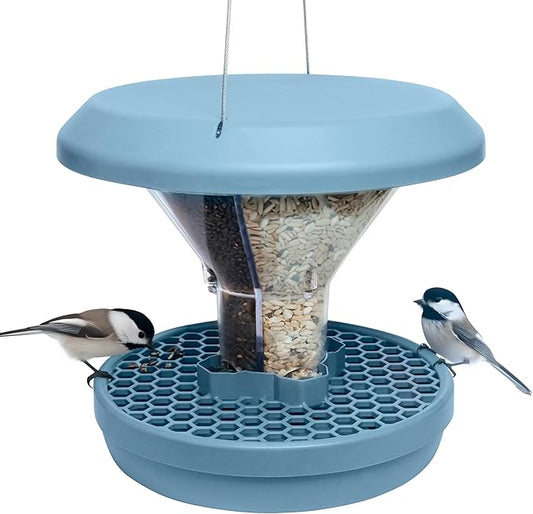 SWISSINNO Bird Feeders - No Mess Hanging Bird Feeder for Outdoors - Smart Birds Davos Spill Proof Wild Cardinal & Small Bird Feeder with Integrated Seed Catcher Tray - Dual Chamber - Light Blue
