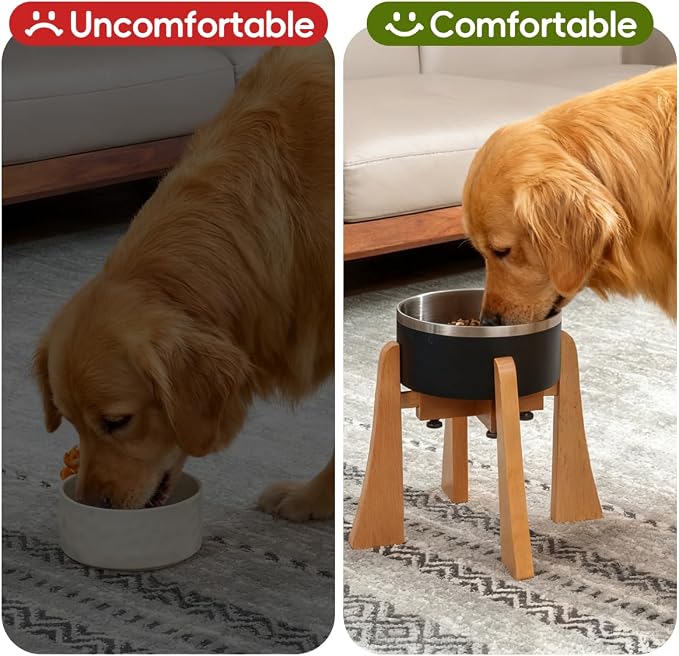 Elevated Bowl Stand 12-inch with Heavy Duty Beech Wood Made, Anti-Vomit Design for Medium Breed, Senior Dogs, Ergonomic Neck Protecting, Adjustable Diameter, Easy Clean Non Toxic