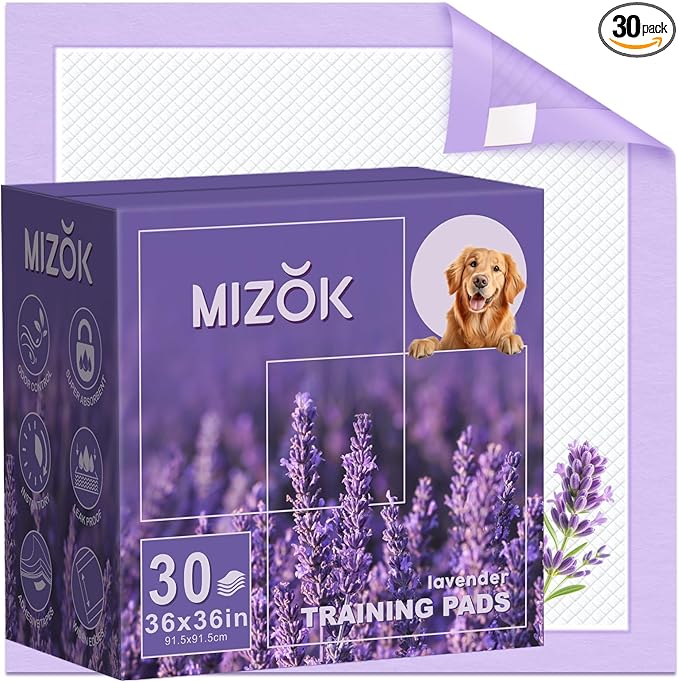 MIZOK Dog Pee Pads 36x36in, Extra Large Pee Pads for Dogs, Keeps Fresh & Clean, Ultra Absorbent Up to 11 Cups, 6 Layers Leak-Proof, Purple Lavender Color (30 Counts)