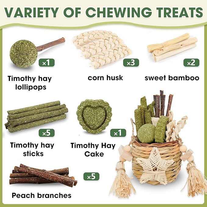 Jorewood Natural Reedgrass Chew Toy Basket for Small Pets – Hanging Rodent Dental Toys with Hay Lollipop, Apple Sticks, Sweet Bamboo (Hamsters, Rabbits, Chinchillas, Guinea Pigs)