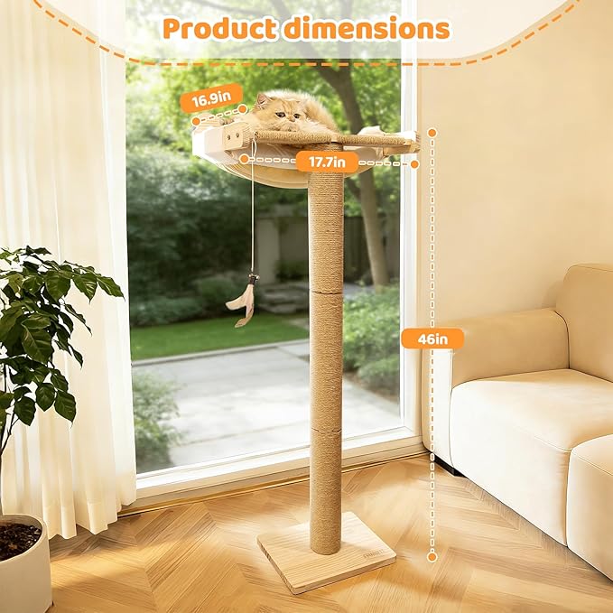 Cat Window Perch Hammock with 3-Piece Detachable Sisal Scratching Posts, White Fluffy Cusion, Drill-Free Suction Cup Mount, Multi-Level Climbing Perch for Bird Watching, 45 LBS Capacity