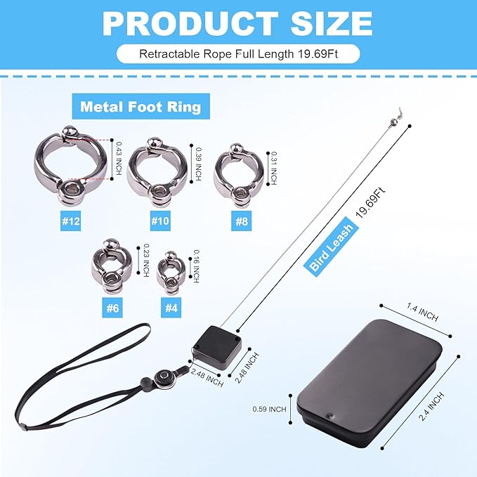 Retractable Bird Leash, with 5 Different Size Foot Ring and Feeder Box, Anti-Bite Parrot Harness Bird Flight Training Rope for Budgies, Cockatiels, Psittacula Longicauda, Mini Macaws (19.69Ft)