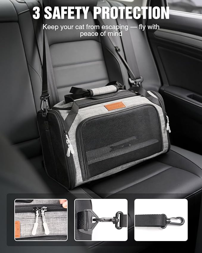 PETUX Top and Side Expandable Pet Carrier for Small Pets Up to 10 lb - 17 x 11 x 9.5 in, Underseat, Soft-Sided Airline Approved Cat Dog Carrier, with Safety Buckle and Anti-Scratch Mesh - Grey