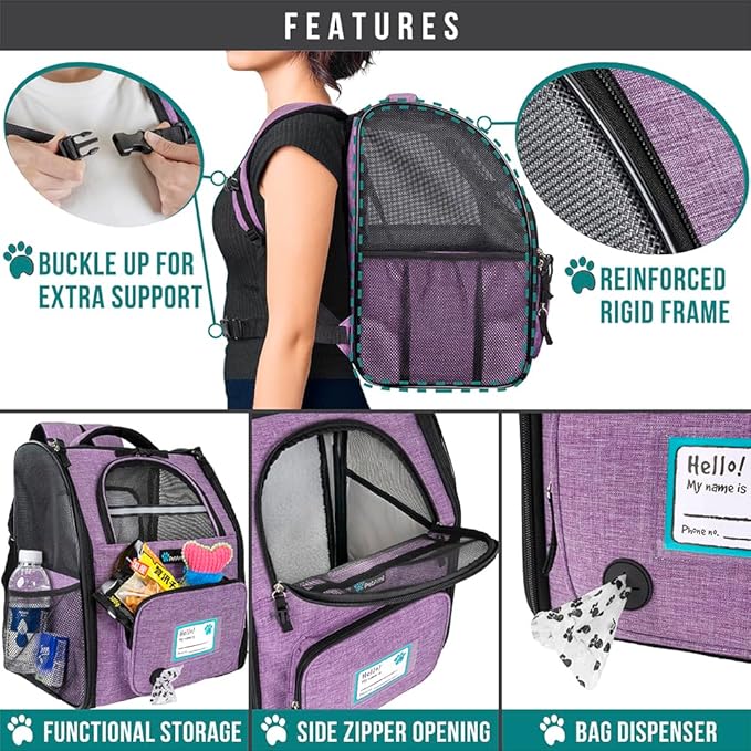 PetAmi Expandable Dog Backpack Carrier for Cats & Pets, Breathable Cat Carrier Backpack with Top Window & Multi-Entry, Ventilated Foldable Travel Carrier for Small Medium Pets up to 18 lbs, Purple