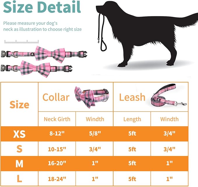 IVY&LANE Dog Collar with Bowtie and Leash Set | Plaid Adjustable Dog Collar | Detachable Bow Tie |5 FT Dog Leash | for Small Medium Large Dogs | Checkered Pink | Large